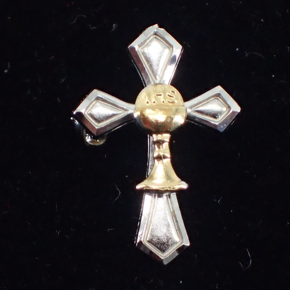 Sterling Silver IHS Cross Pin With Gold Center .7" length 1.29 grams Like New